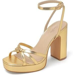 Sun Gurg Womens Size 7 Shiny Gold Strappy Open Toe 4" Chunky Platform Heel Shoes